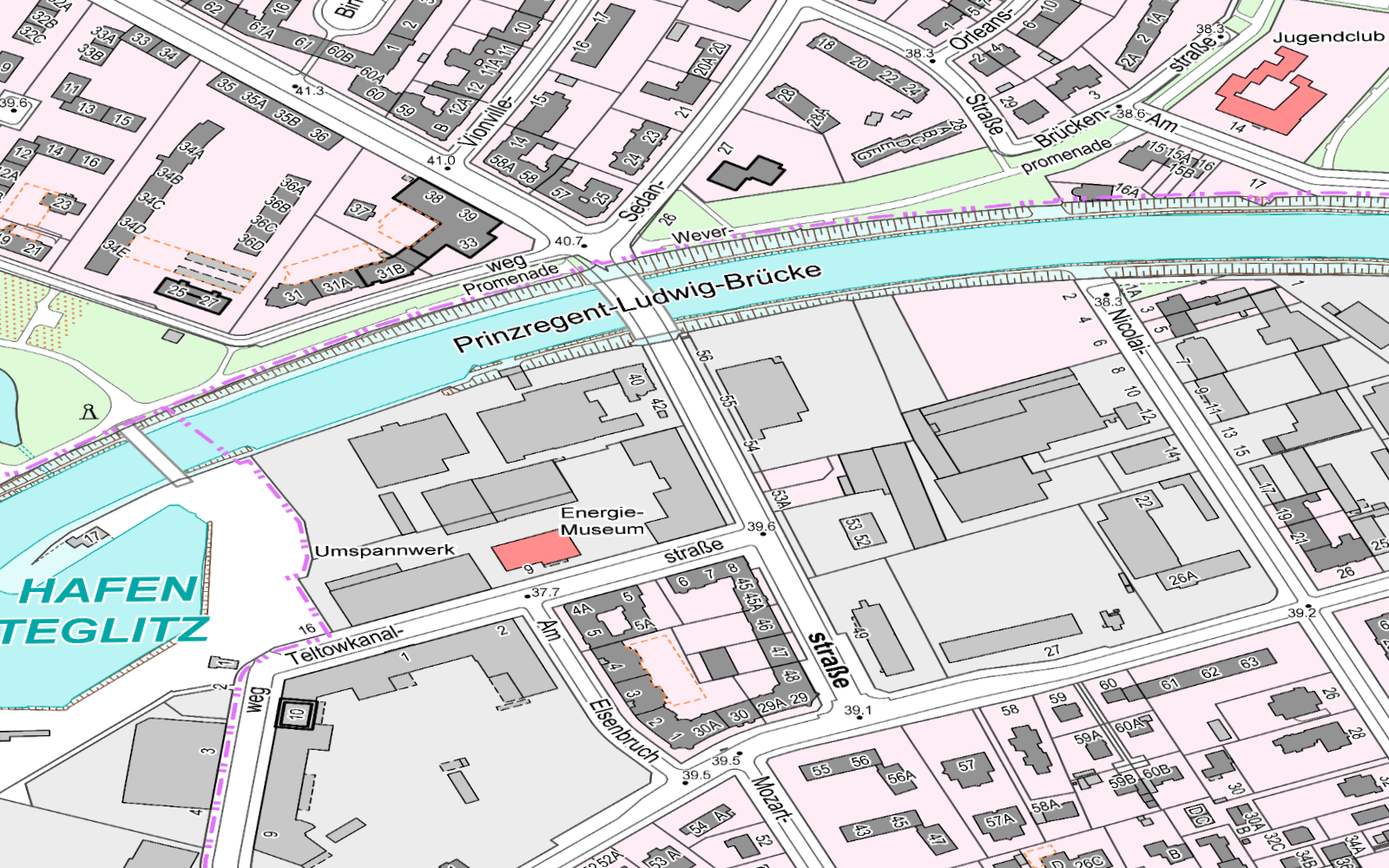 Amtlicher Kartenausschnitt rund um das Kraftwerk Steglitz an der Birkbuschstraße und den Teltowkanal